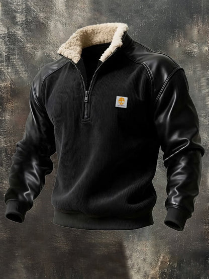 Men's Vintage Corduroy Leather Stitching Zipper Fur Collar Sweatshirt