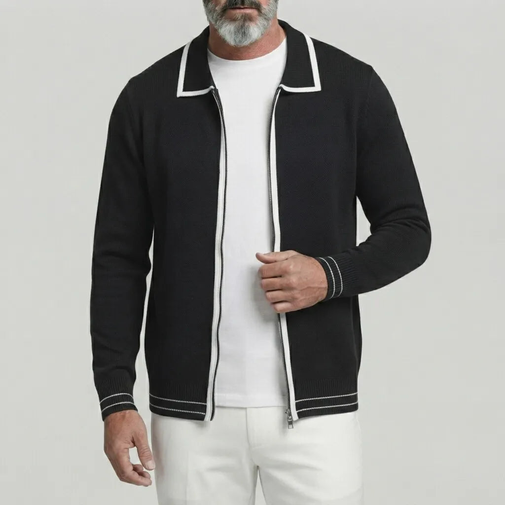 Men's Solid Color Contrast Binding Turndown Collar Zipper Knitted Cardigan