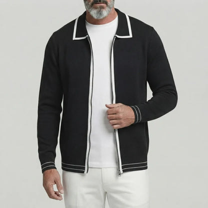 Men's Solid Color Contrast Binding Turndown Collar Zipper Knitted Cardigan