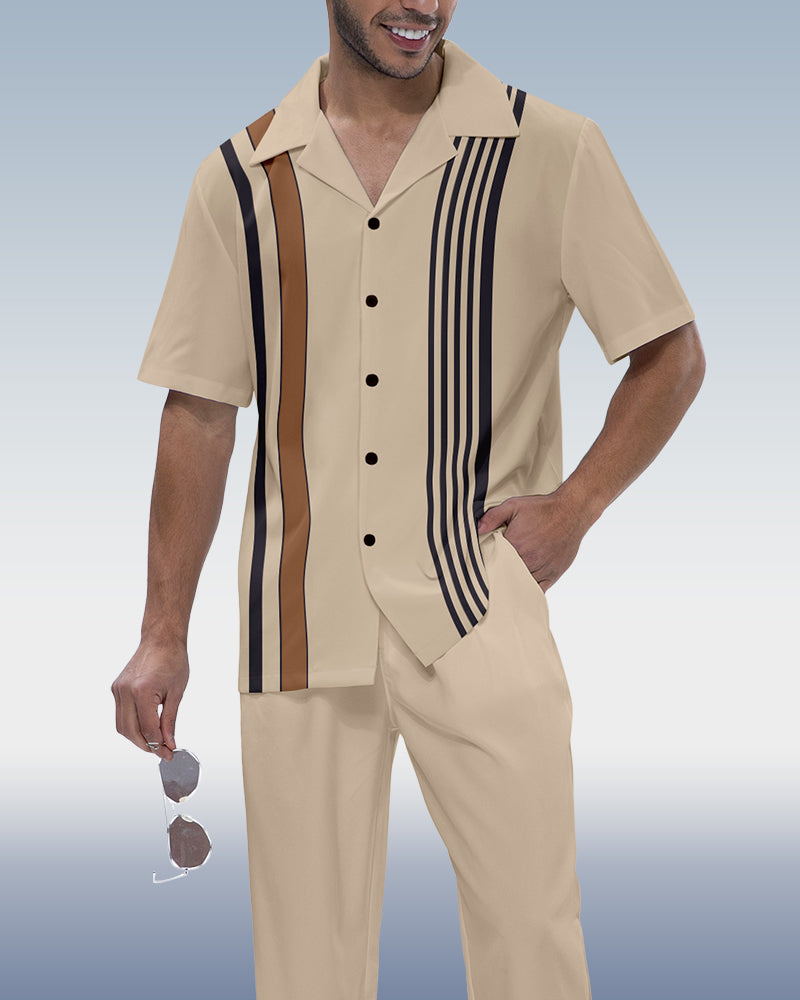 Suitmens Men's Simple Vertical Stripe Short Sleeve Shirt Walking Set 546