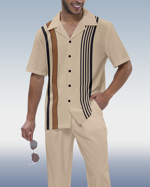 Suitmens Men's Simple Vertical Stripe Short Sleeve Shirt Walking Set 546