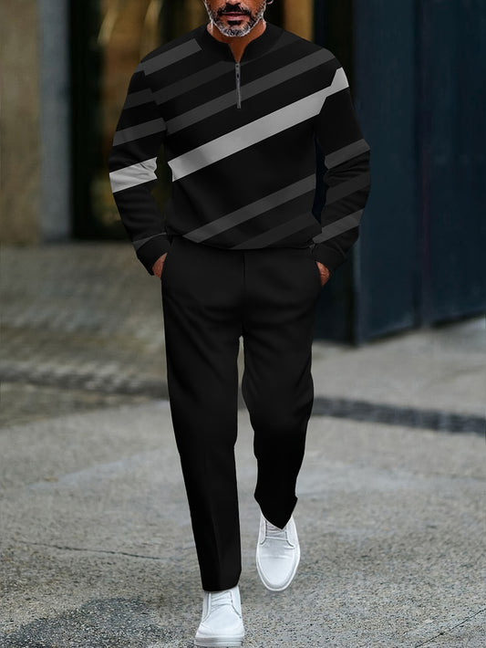 Men's Casual Color Matching Printed Round-Neck Zipper Long Sleeved Trousers Two-Piece Set