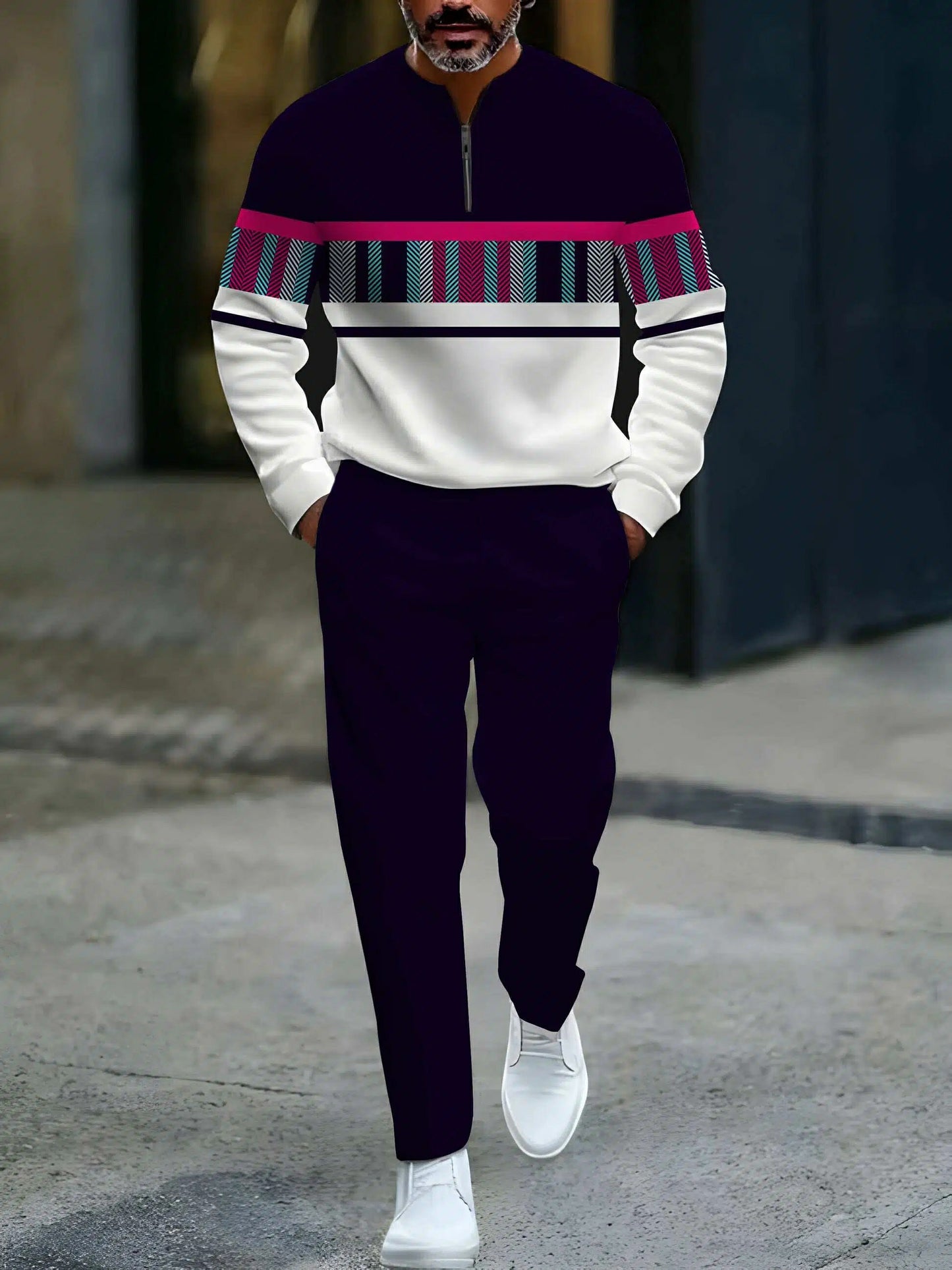 Men's Casual White & Nacy Color Matching Multicolor Checked Printed Round-Neck Zipper Long Sleeved Tops & Trousers Two-Piece Set