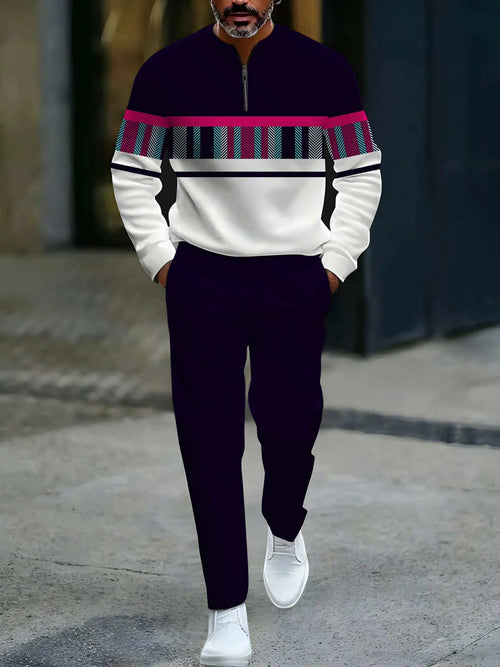 Men's Casual White & Nacy Color Matching Multicolor Checked Printed Round-Neck Zipper Long Sleeved Tops & Trousers Two-Piece Set