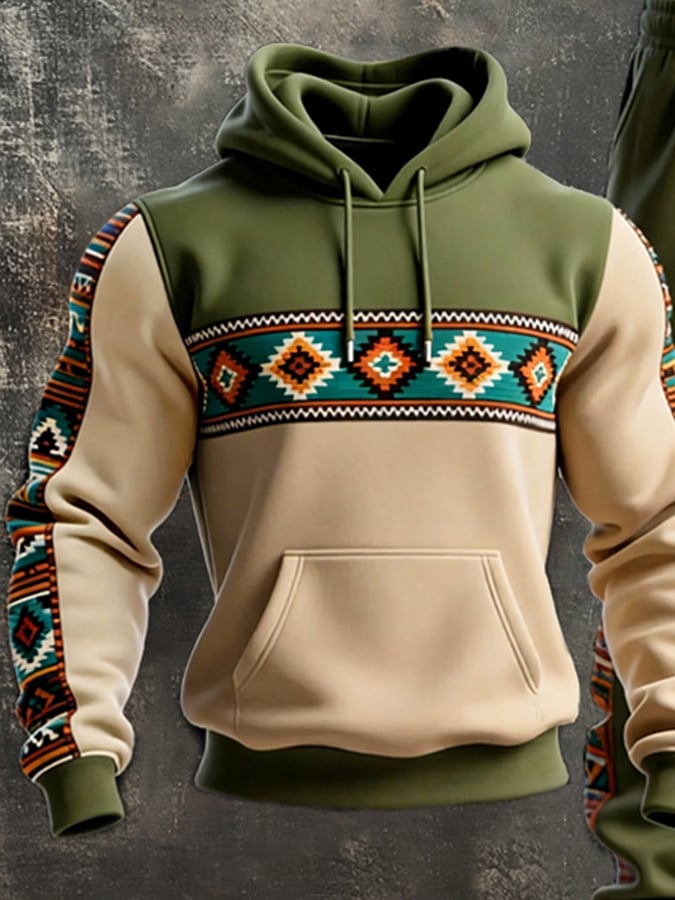 Men's Retro Distressed Contrast Color Hooded Casual Sweatshirt Set