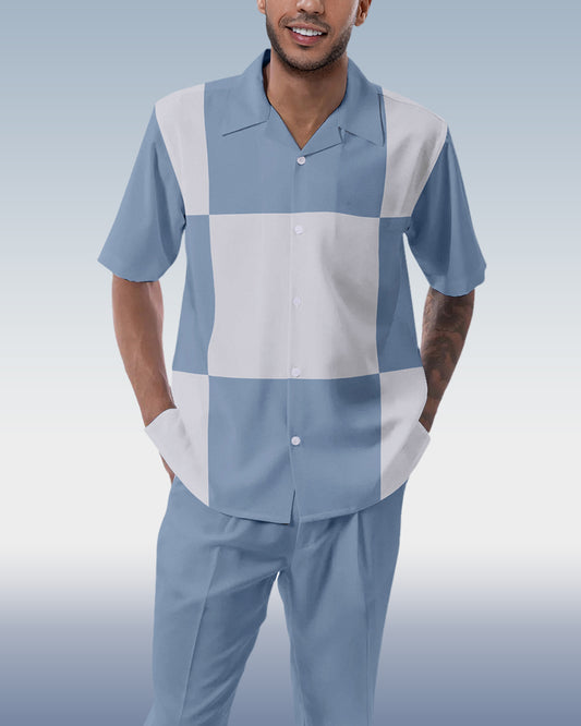 Blue Block Walking Suit 2-Piece Short Sleeve Suit