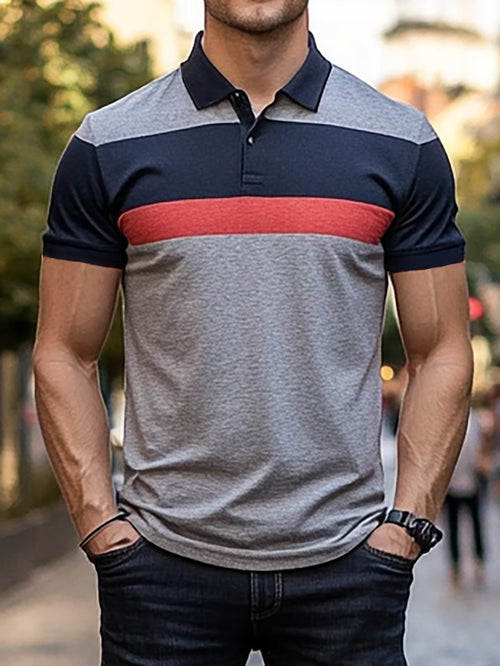 Men's Business Stripe Logo Button-Down Short Sleeve Polo Shirt