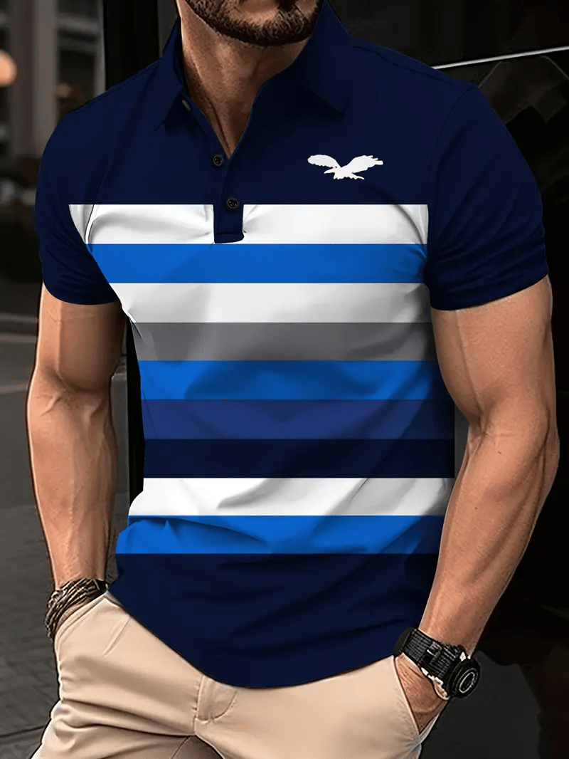 Men's Business Stripe Logo Button-Down Short Sleeve Polo Shirt