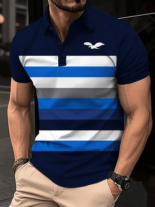 Men's Business Stripe Logo Button-Down Short Sleeve Polo Shirt