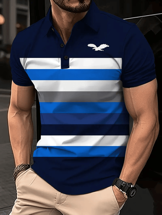 Men's Business Stripe Logo Button-Down Short Sleeve Polo Shirt