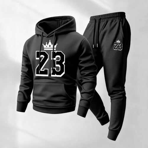 Men's Retro Basketball 23 King Patterned Hoodie And Drawstring Track Pants Set, Men's Casual Athletic Long-Sleeved Hooded Jacket And Pants, Suitable For Fall And Winter, Street Style Hoodie Set, Everyday Wear, Indoor And Outdoor Sportswear