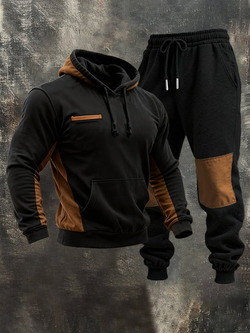 Men's Retro Stitching Contrast Color Hooded Casual Sweatshirt Suit