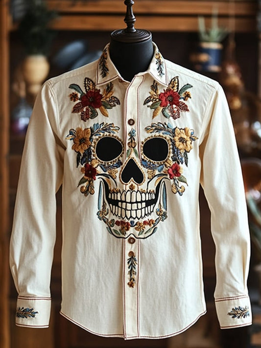 Men's Outdoor Vintage Skull and Floral Print Long Sleeve Shirt