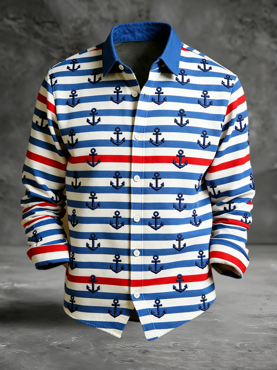 Men's vintage commemorative navy print long-sleeved shirt