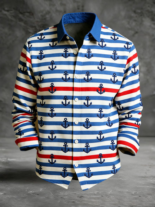 Men's vintage commemorative navy print long-sleeved shirt