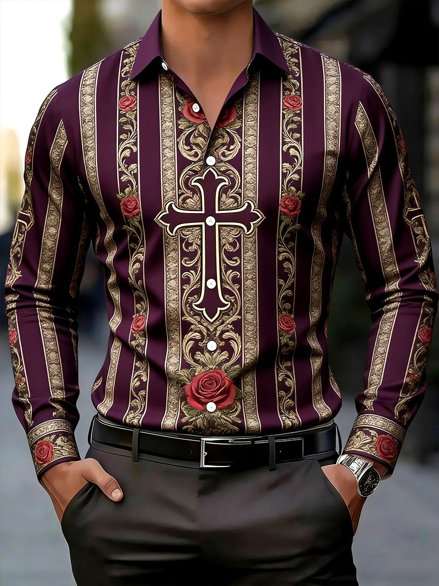 Men's Vintage Business Striped Baroque Long-Sleeved Shirt