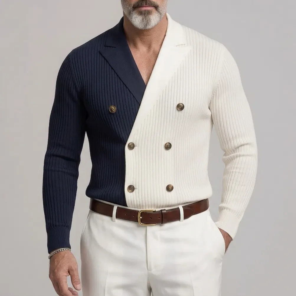 Men's Colorblock Ribbed Knit Double-Breasted Lapel Collar Slim Fit Shirt
