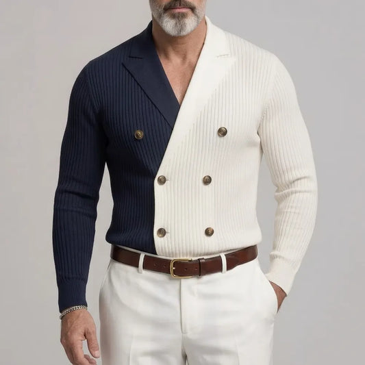 Men's Colorblock Ribbed Knit Double-Breasted Lapel Collar Slim Fit Shirt