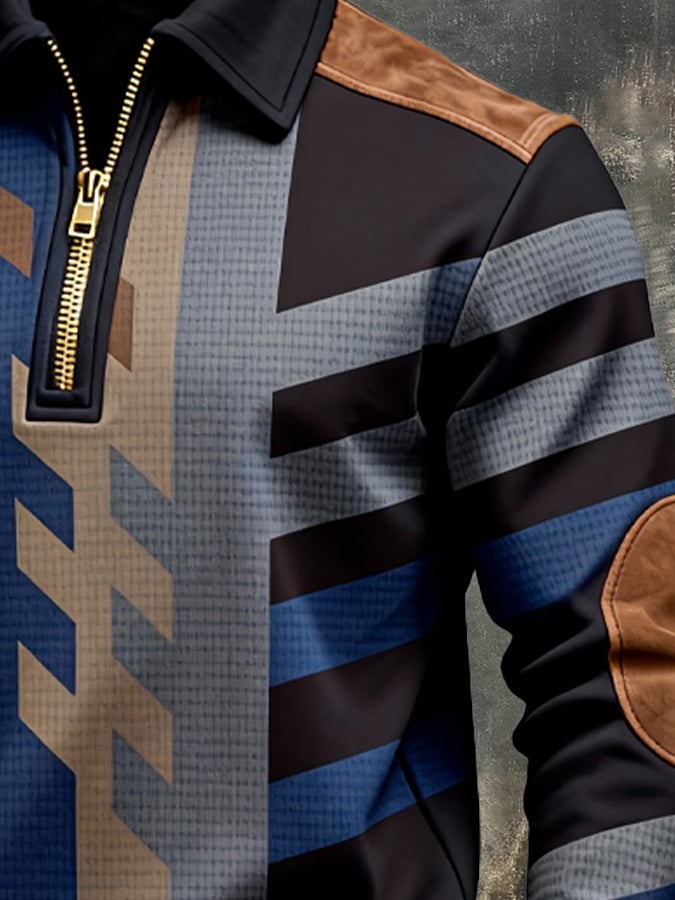Men's Retro Color Block Print Zipper Sweatshirt