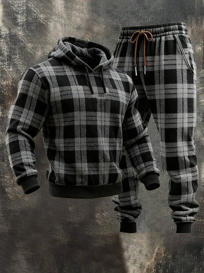 Men's Retro Plaid Hooded Casual Sweatshirt Suit