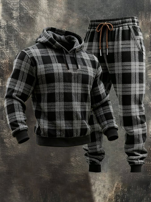 Men's Retro Plaid Hooded Casual Sweatshirt Suit