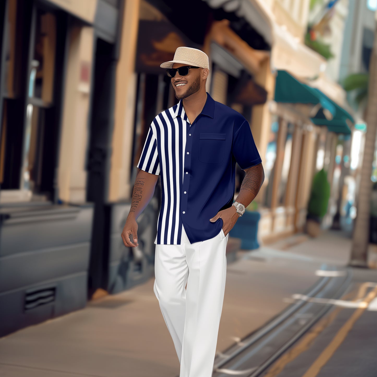 Men's Retro Colorblock Short Sleeve Shirt Walking Suit 1124