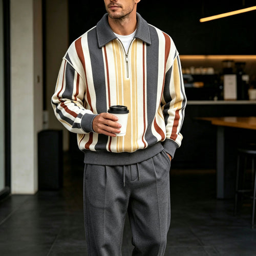 Men's Two-Tone Printed Zipper Polo Shirt and Pants Set