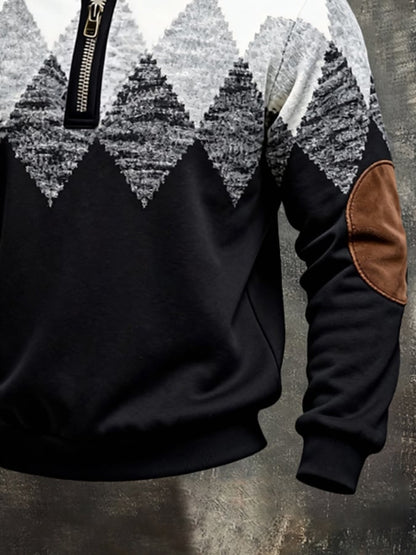 Men's Retro Color Block Print Color-Blocked Zip-Up Sweatshirt
