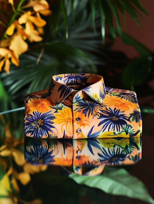 Men's business casual floral lapel short-sleeved shirt