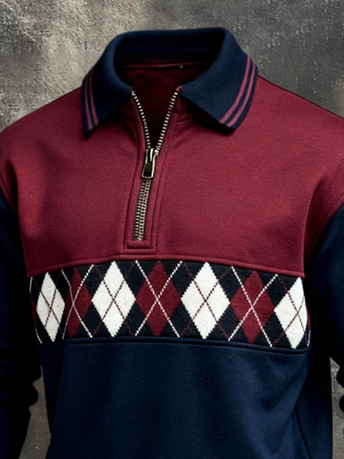 Men'S Fashionable Color-Block Printed Zip-Up Sweatshirt