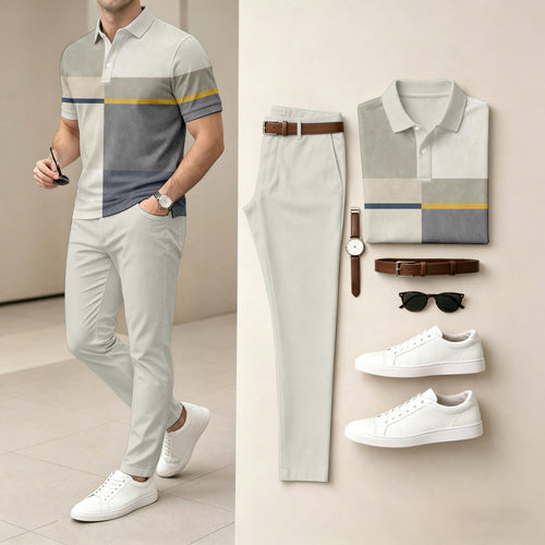 Men's Casual Gray Geometry Printed Polo Shirt And Pants Two-Piece Set