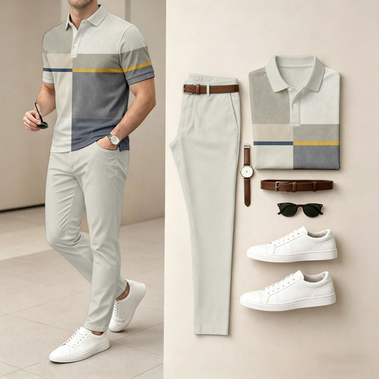 Men's Casual Gray Geometry Printed Polo Shirt And Pants Two-Piece Set