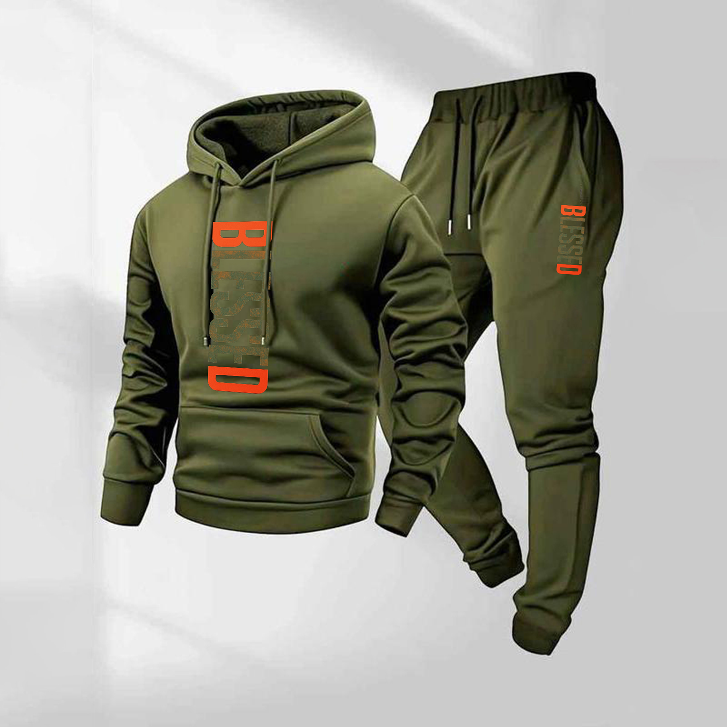 Men's Blessed Camouflage Pattern Print Hoodie and Drawstring Sweatpants Set