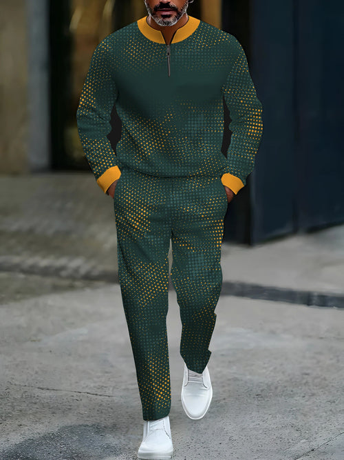Men's Casual Green & Yellow Color Matching Gradient Polka Dots Printed Round-Neck Zipper Long Sleeved Tops & Trousers Two-Piece Set