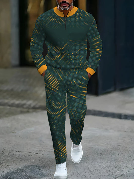 Men's Casual Green & Yellow Color Matching Gradient Polka Dots Printed Round-Neck Zipper Long Sleeved Tops & Trousers Two-Piece Set
