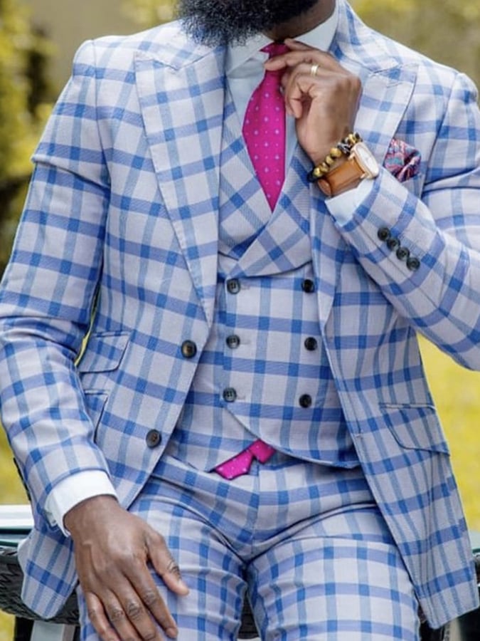 Men's Casual Plaid Single Breasted Peaked Lapel Slim Fit Blazer