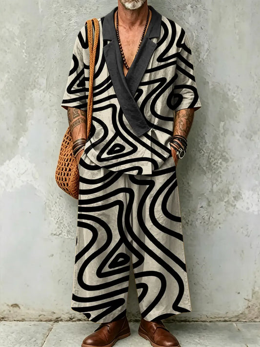 Men's Abstract Art Print Casual Linen Suit Collar Short-sleeved Top And Pants Two-piece