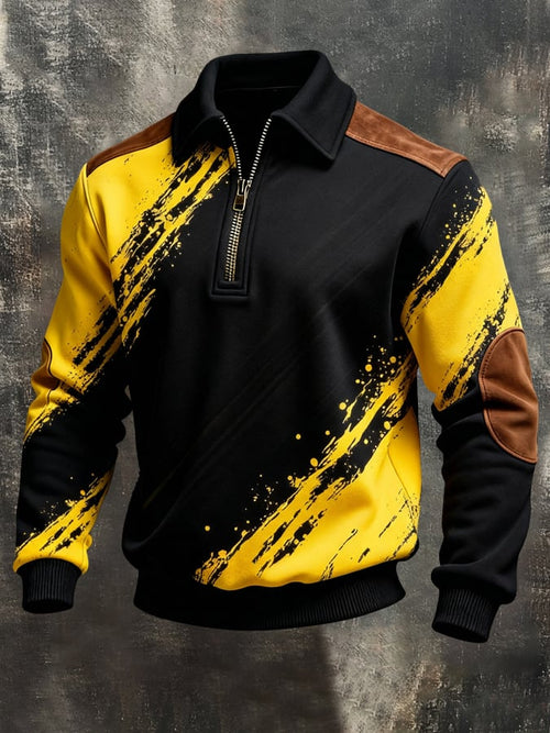 Men's Retro Color Block Print Color-Blocked Zip-Up Sweatshirt