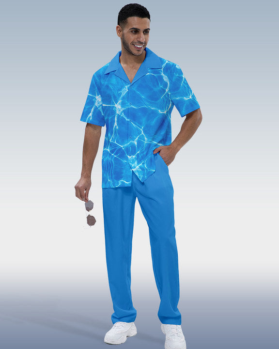 Rianmond Men's Ombre Print Short Sleeve Shirt Walking Set 372