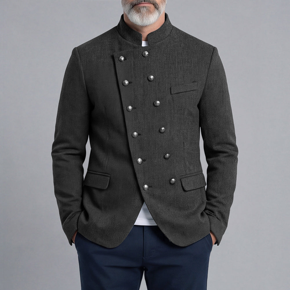 Men's Double-Breasted Slim-Fit Stand-Up Collar Suit with Diagonal Placket