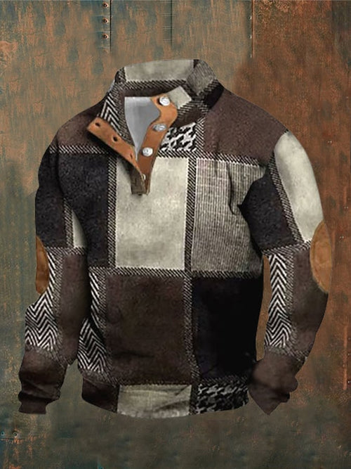 Men's Retro Plaid Printed Standing Collar Casual Sweatshirt