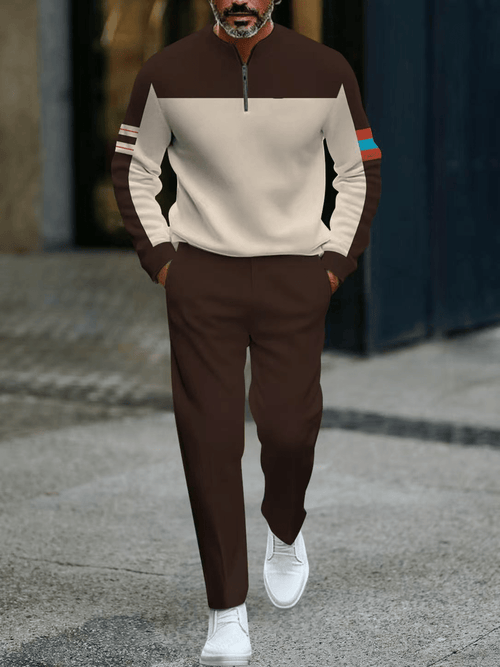 Men's Casual Color Matching Printed Round-Neck Zipper Long Sleeved Trousers Coffee Two-Piece Set