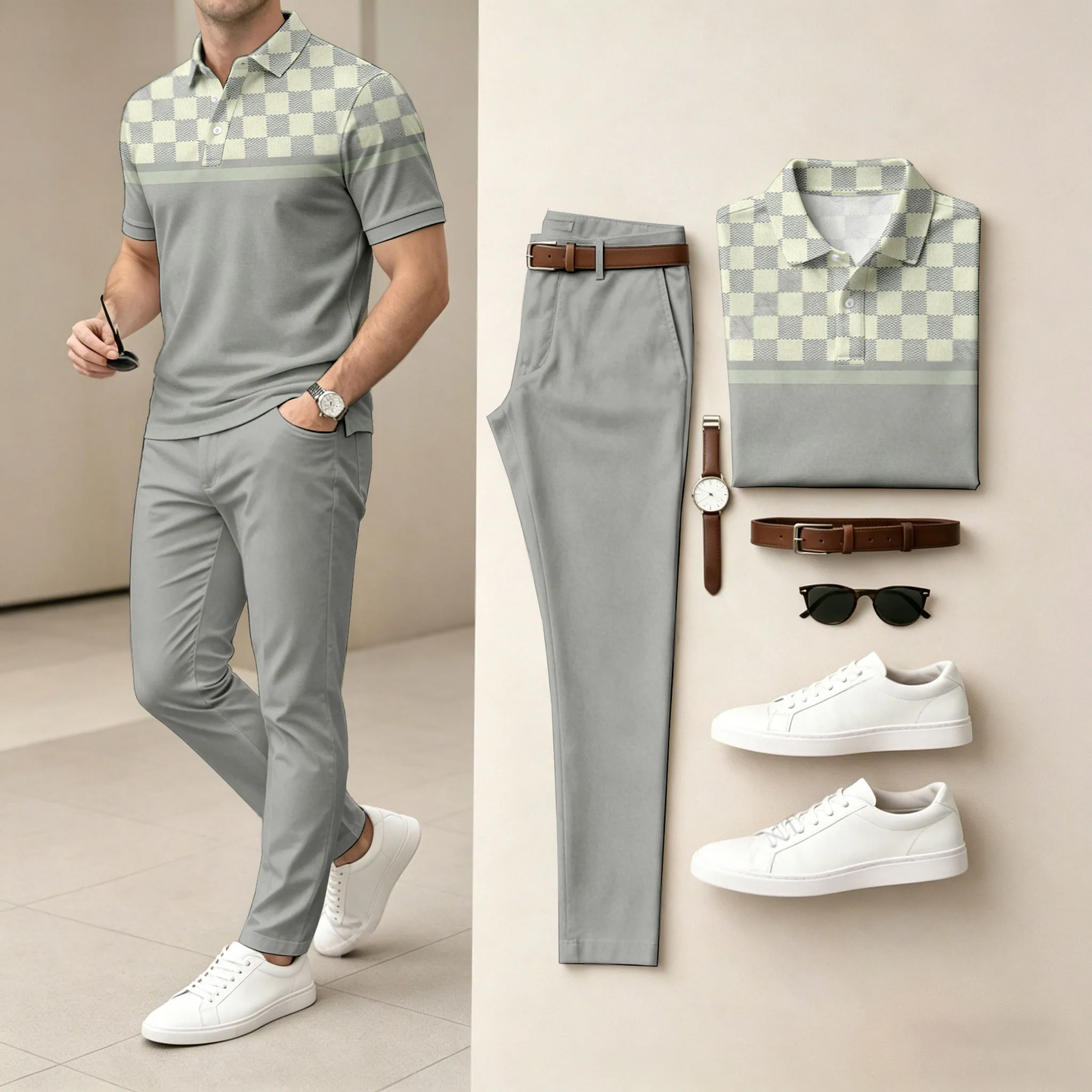 Men's Light And Mature Style, Simple Color Matching Short Sleeved Polo Shirt & Pants Two-Piece Set