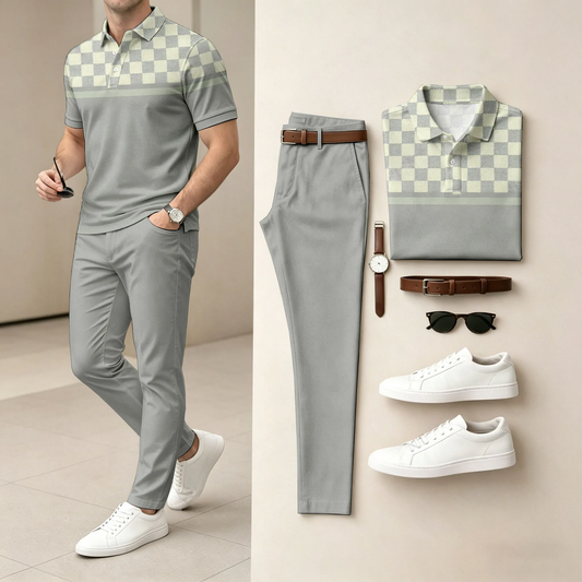 Men's Light And Mature Style, Simple Color Matching Short Sleeved Polo Shirt & Pants Two-Piece Set