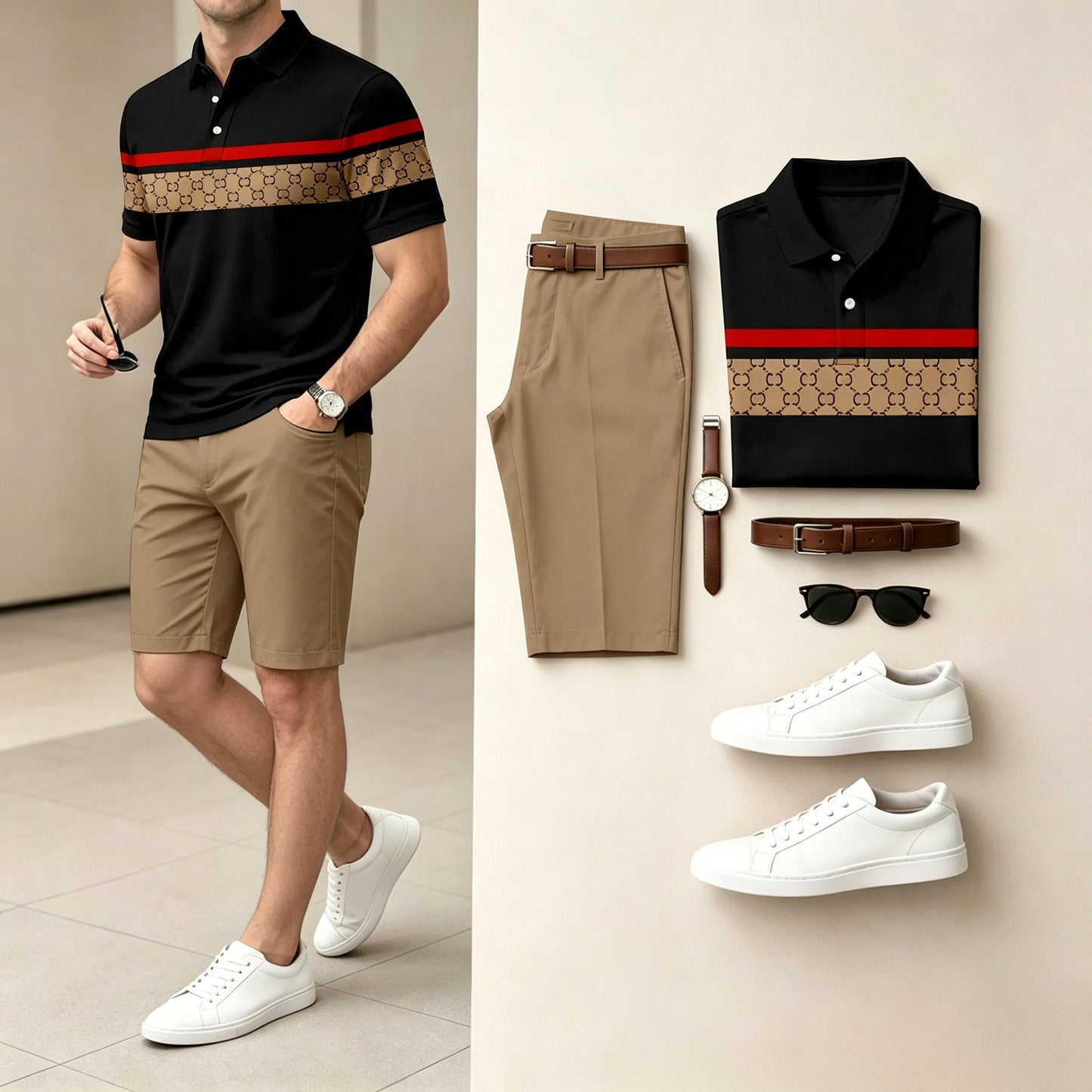 Men's Casual Black And Brown Color Spliced Stripes Polo Shirt & Shorts Two-Piece Set