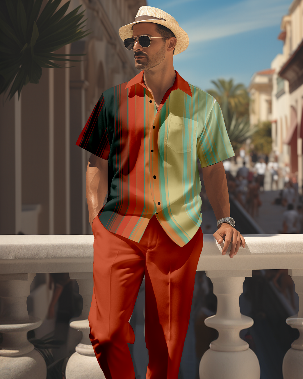 Men's retro colorblock short-sleeved shirt walking Suit 1696