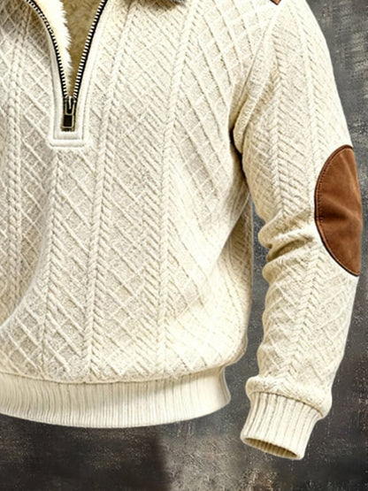 Men'S Vintage-Style Textured Color-Block Warm Long-Sleeved Sweatshirt
