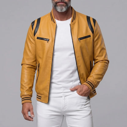 Men's PU Leather Contrast Stripes Zipper Pockets Bomber Jacket