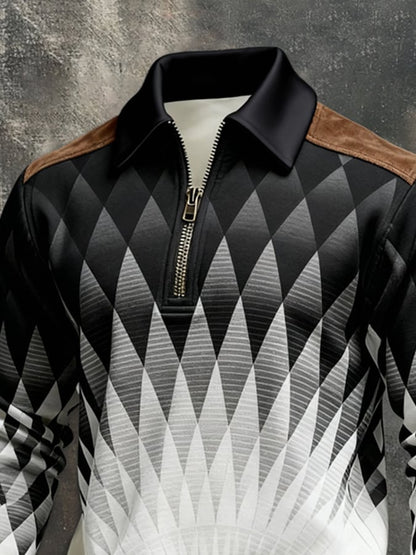 Men's Retro Color Block Print Color-Blocked Zip-Up Sweatshirt