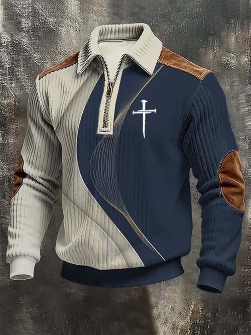 Men's vintage Faith Cross Design Print Casual Zipper Sweatshirt